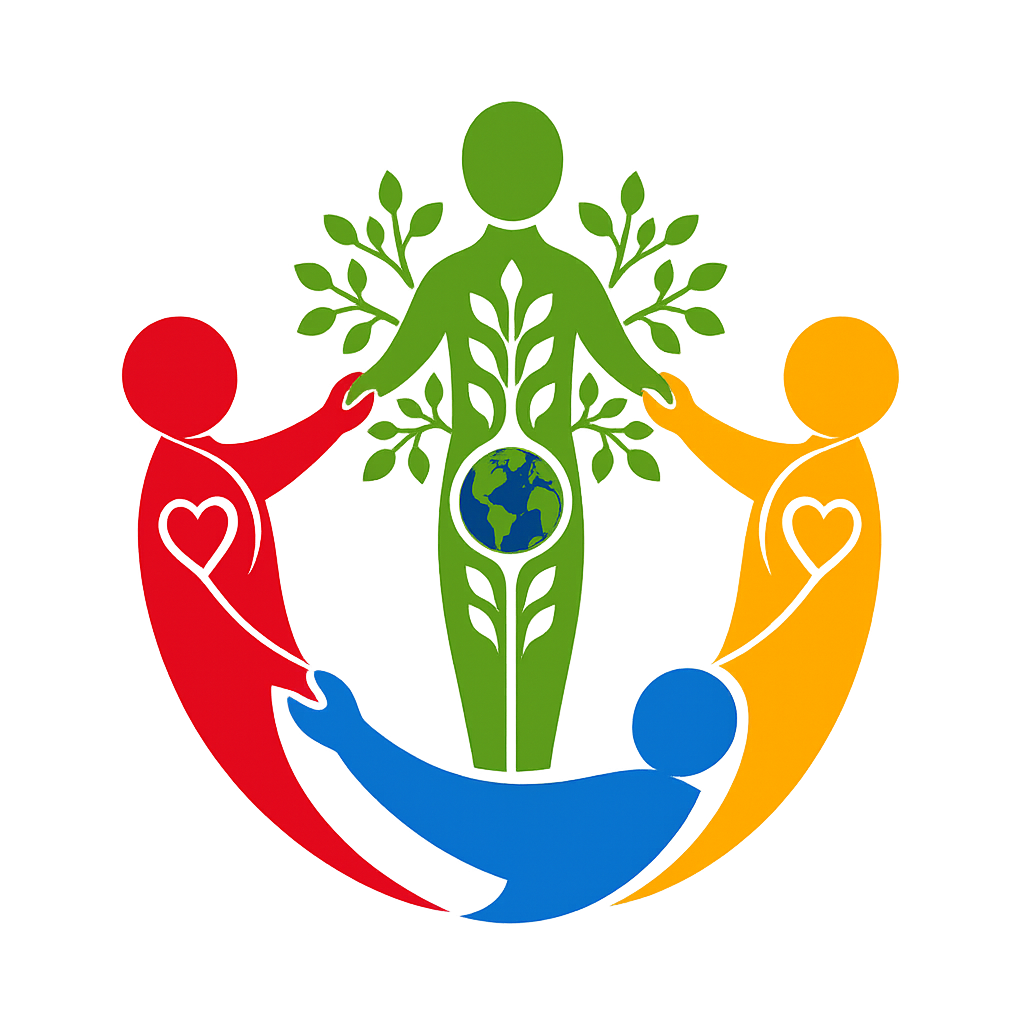 Four figures from different traditions joined in a circle